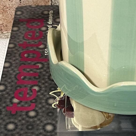 Striped Ceramic Planter Scallop Petal Edge DRAINAGE Attached Saucer Blue Cream - Picture 5 of 12